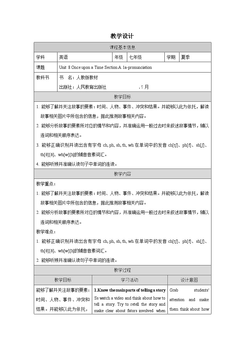 人教版2024英语 七年级下册Unit 8 Section A(1a-Pronunciation)表格式教案第1页