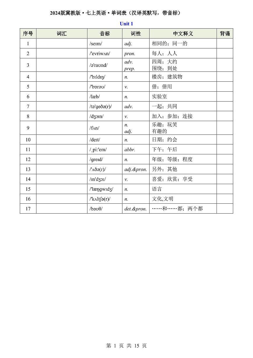 2024版冀教版七年级上册英语期末单词表知识点（汉译英默写）第1页