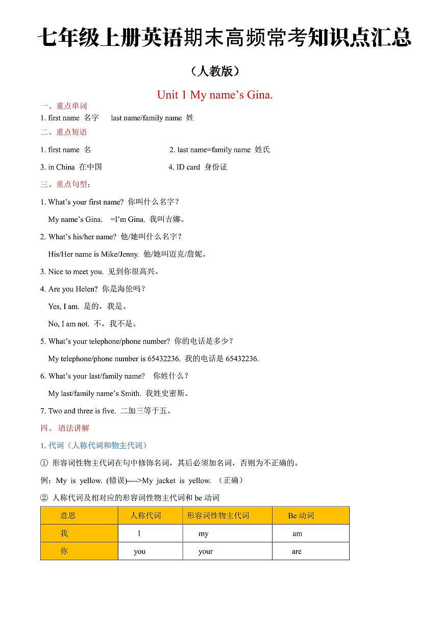 2024版人教版七年级上册英语期末高频常考知识点汇总第1页