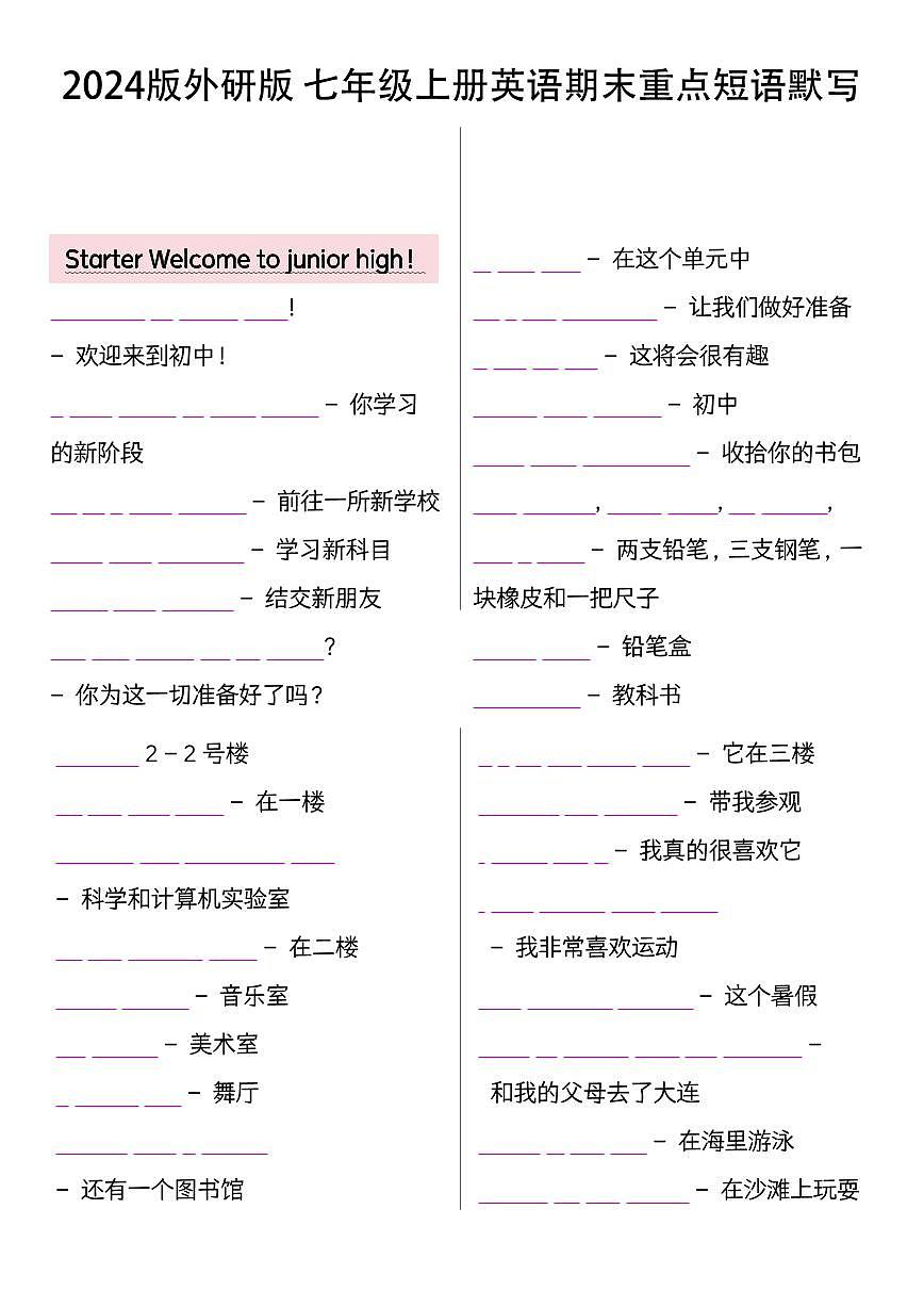 2024版外研版七年级上册英语期末重点单词默写版+背诵版练习含答案第1页