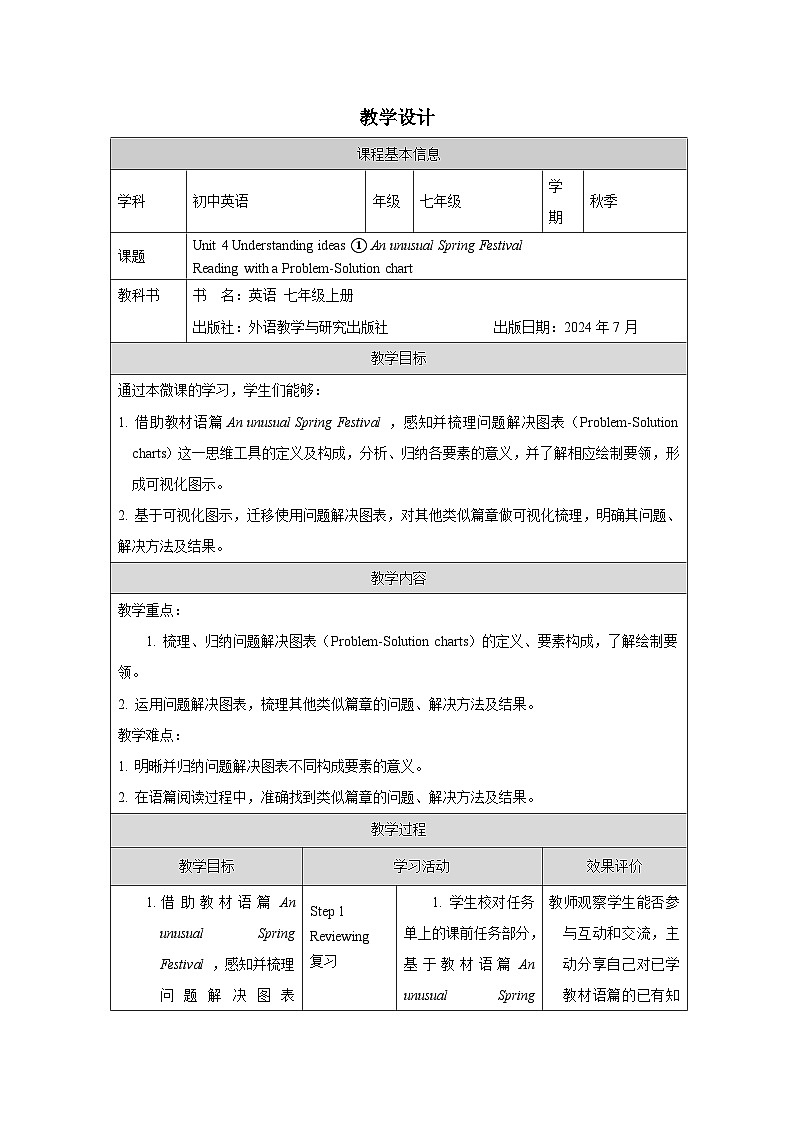 Unit 4：Understanding ideas ①教学设计表格式 -2025-2026学年《英语》七年级·上册（2024外研版）第1页