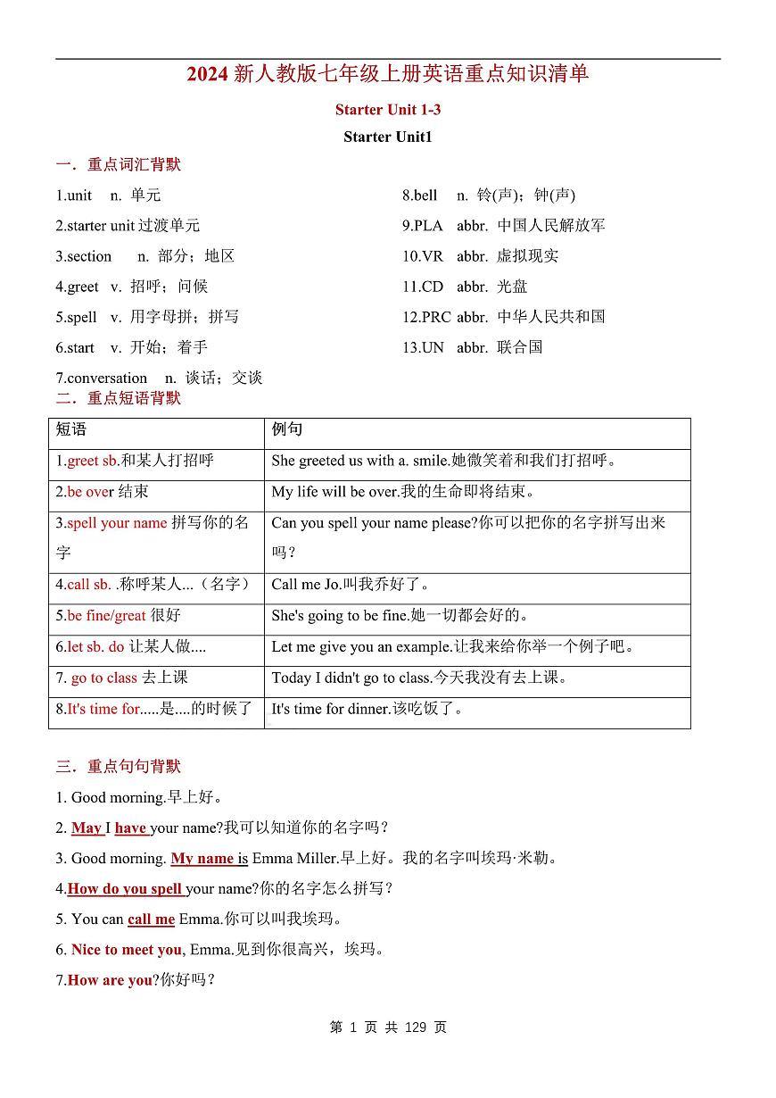 2024新人教版七年级上册英语重点知识清单第1页
