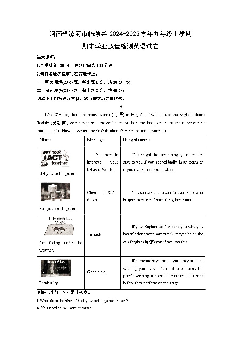 河南省漯河市临颍县2024-2025学年九年级上学期期末学业质量检测英语试卷（学生版）第1页