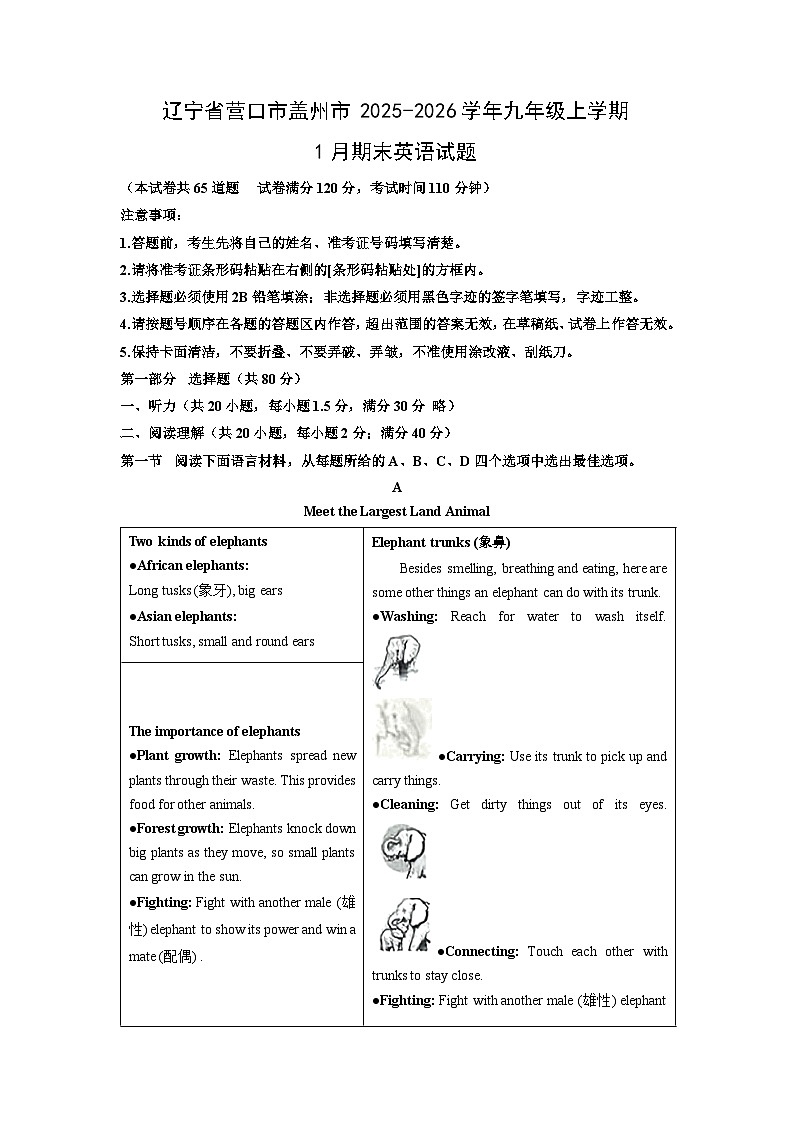 2025-2026学年辽宁省营口市盖州市九年级上学期1月期末英语试卷（学生版）第1页
