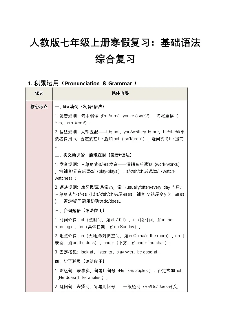 人教版七年级上册寒假复习：基础语法综合复习（原卷版）第1页