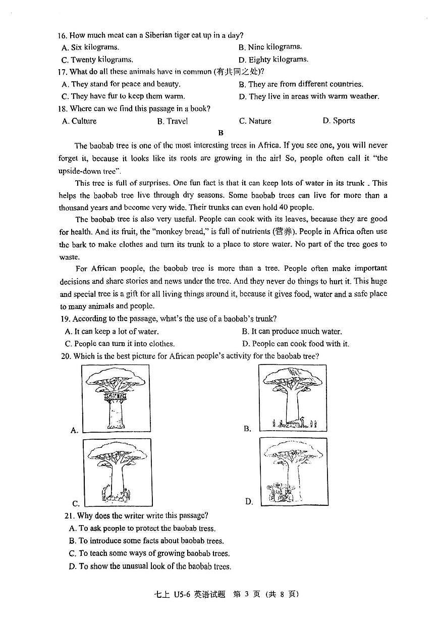 浙江省温州市南浦实验中学2025-2026学年上学期七年级1月阶段性测试英语卷（Units 5~6）（月考）第3页