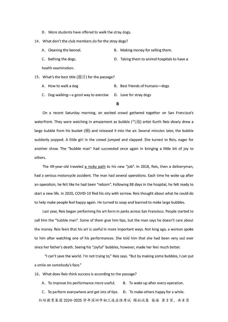 九上--期末--2024-2025学年红岭教育集团初三适应性考试模拟英语试卷（含答案）第3页