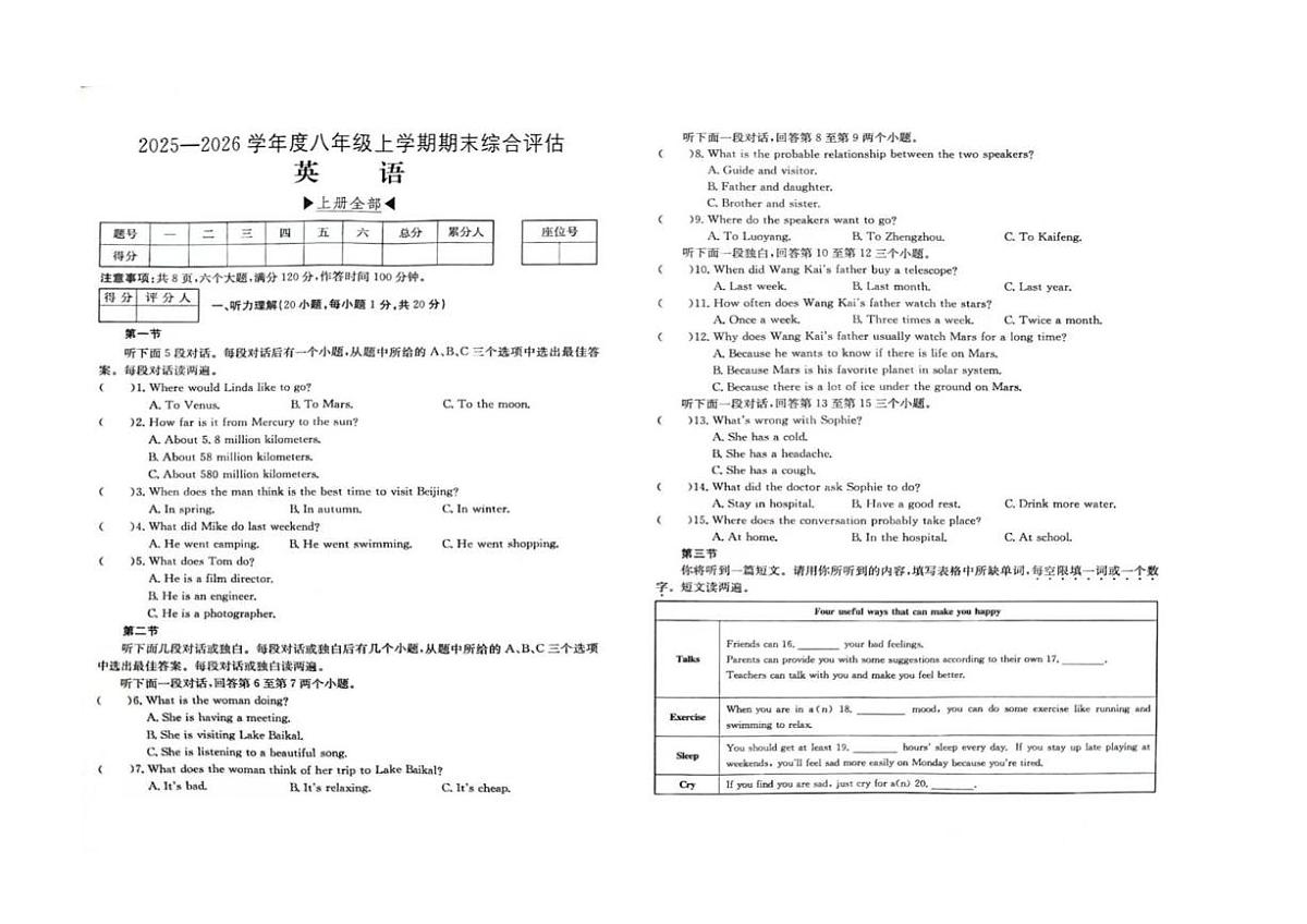 河南省周口市商水县五校联考2025-2026学年八年级上学期1月期末英语试题第1页