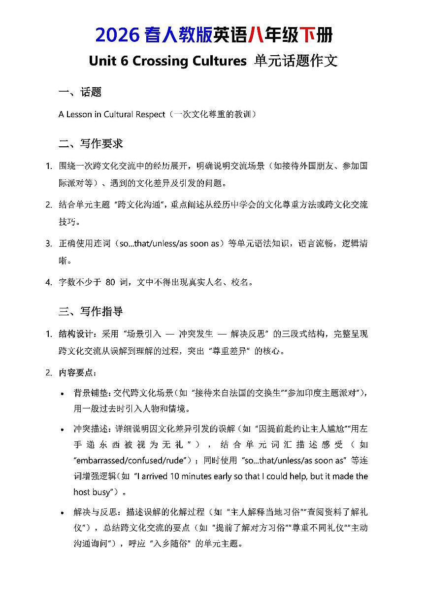 人教版八年级下册英语第六单元作文写作点拨与范文指导知识点第1页