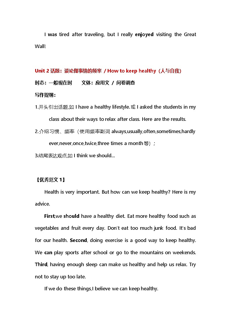 2026年人教版中考英语一轮复习：八年级上册Unit 1--Unit 10作文（含答案） 讲义第2页