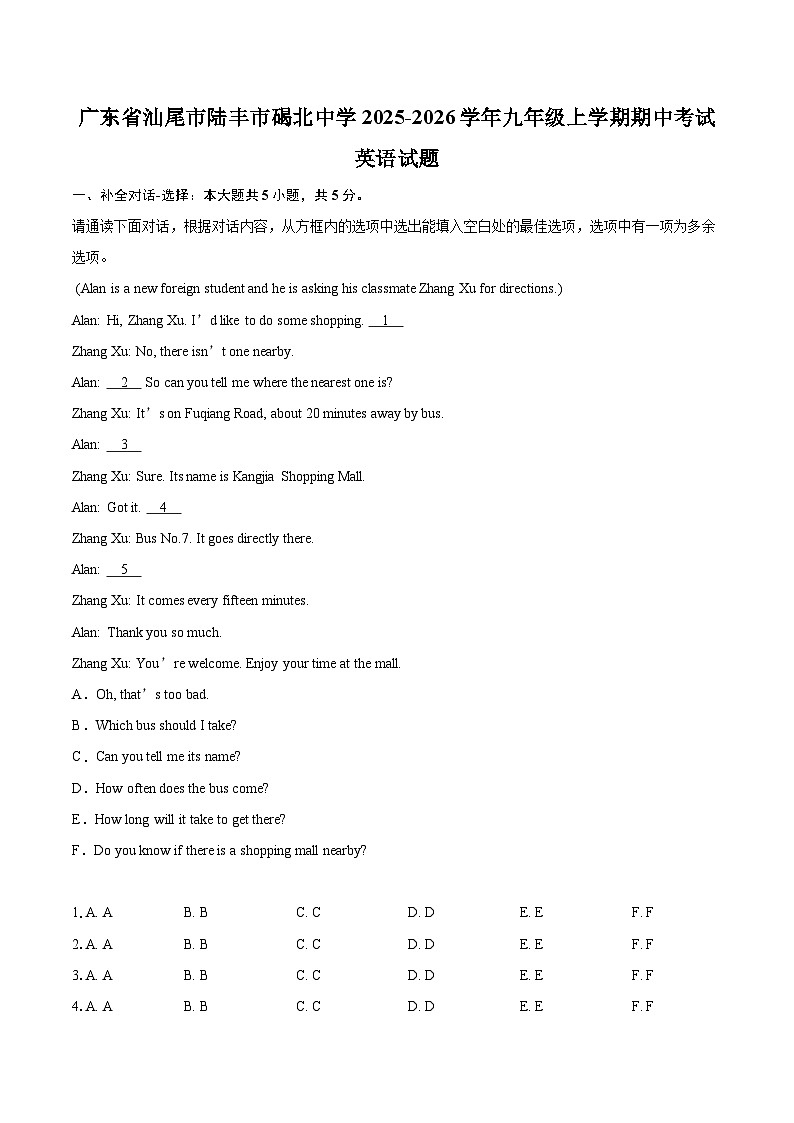 广东省汕尾市陆丰市碣北中学2025-2026学年九年级上学期期中考试英语试题-自定义类型第1页