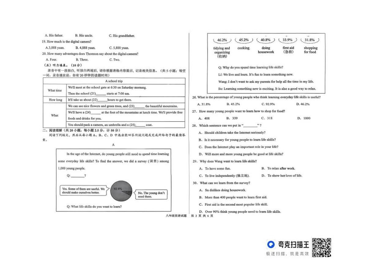 2025-2026学年山东省德州市平原县度第一学期期末学业水平检测八年级英语试题（含答案）第2页