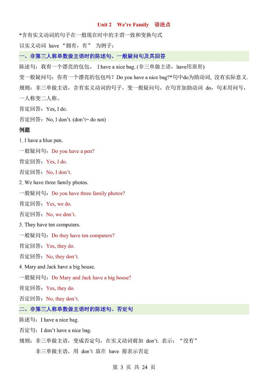 2024版人教版七年级上册英语期末单元语法知识点梳理第3页