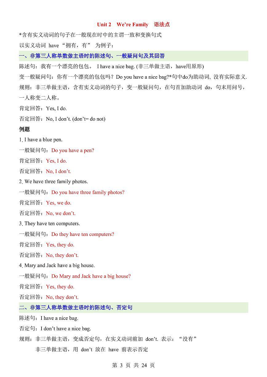 2024版人教版七年级上册英语期末单元语法知识点梳理第3页