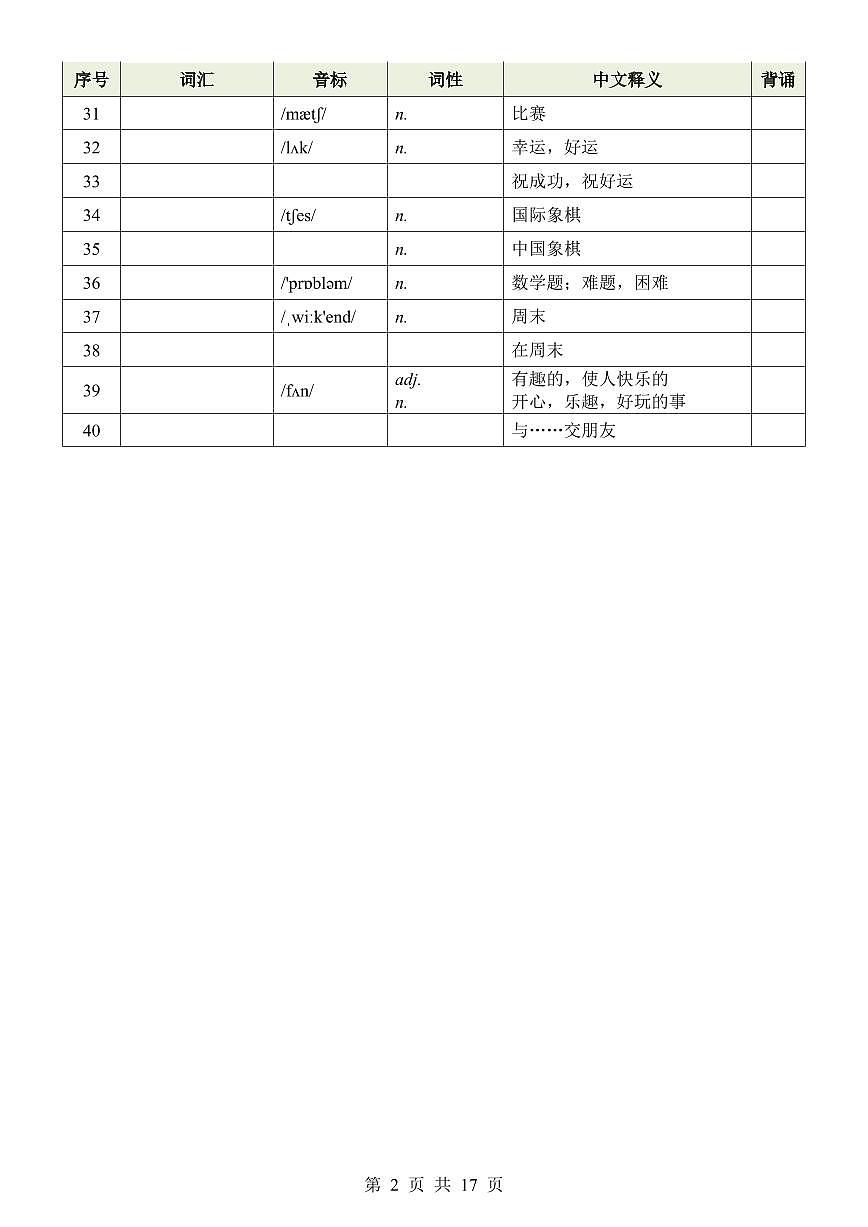 2024版译林版七年级上册英语单词表知识点（汉译英默写）第2页