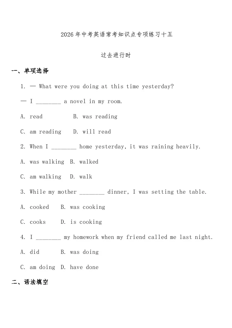 专项练习十五 (过去进行时) 中考英语常考知识点专项练习第1页