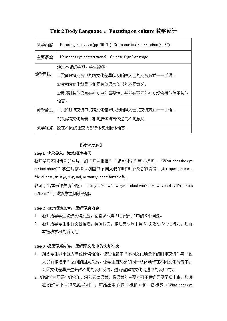 Unit 2 Body Language：Focusing on culture教学设计——2025-2026学年八年级下册《英语》沪教版(2024)第1页
