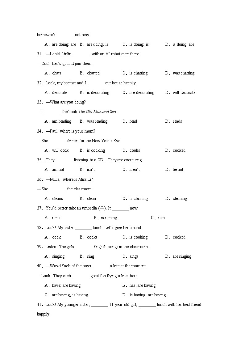 2024版人教版英语七年级下册Unit 5 单元语法：现在进行时练习（精练）无答案第3页