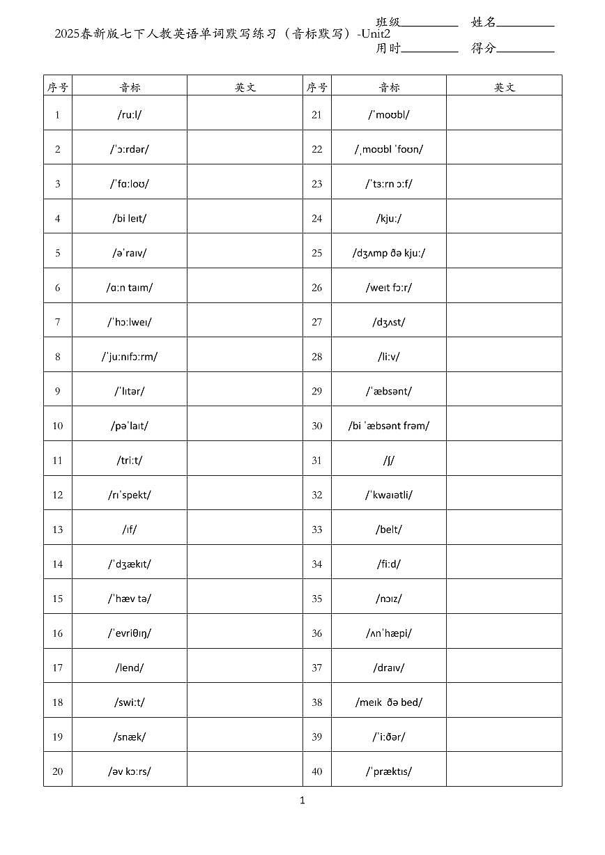 2024版人教版七年级下册英语Unit1-Unit8单词默写练习（音标默写）无答案第3页