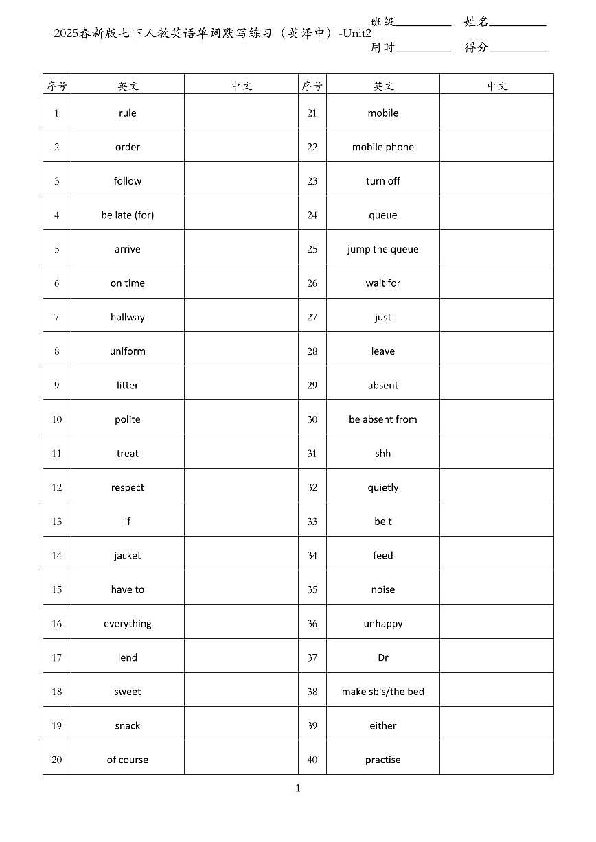 2024版人教版七年级下册英语Unit1-Unit8单词默写练习（英译中）无答案第3页