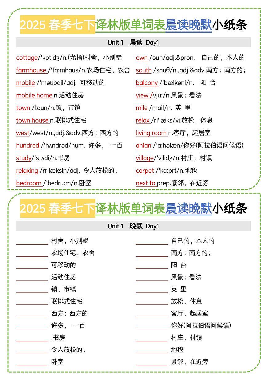 2024版译林版七年级下册英语单词表英汉互译小纸条知识点 (2)第1页