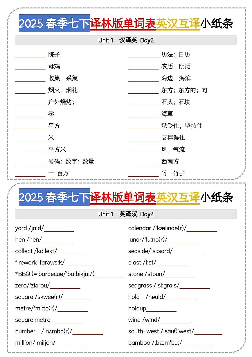 2024版译林版七年级下册英语单词表英汉互译小纸条知识点 (1)第2页
