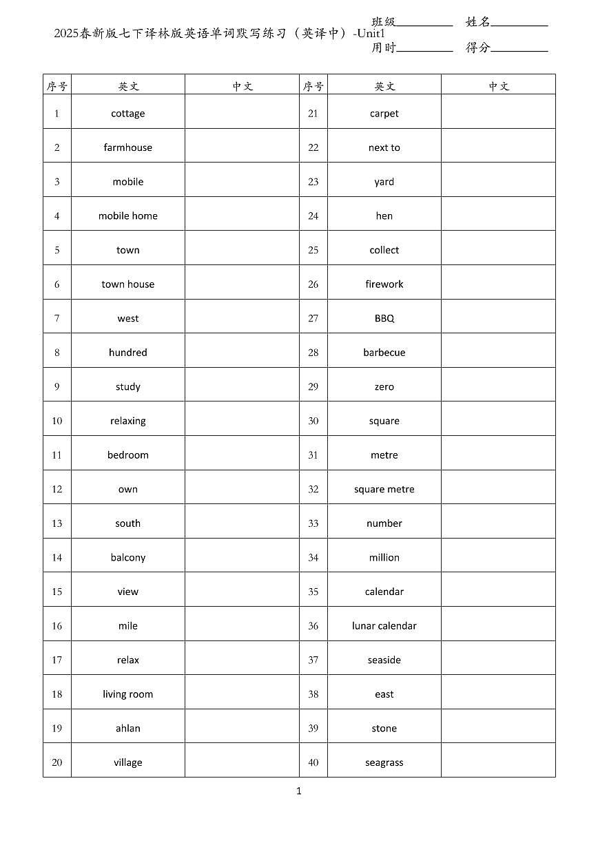 2024版七年级下册译林版英语Unit1-Unit8单词默写练习（英译中）无答案第1页