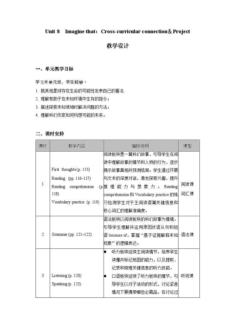 Unit8  ：Cross-curricular connection＆Project 教学设计——2025-2026学年八年级下册《英语》沪教版(2024)第1页