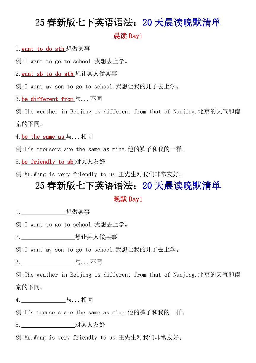 25春新版人教版七年级下册英语语法20天晨读晚默知识点清单含答案第1页