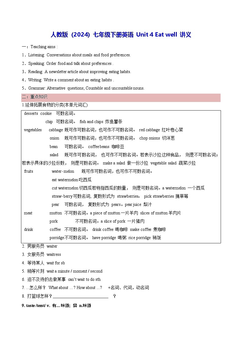 人教版（2024）七年级下册英语 Unit 4 Eat well 讲义第1页