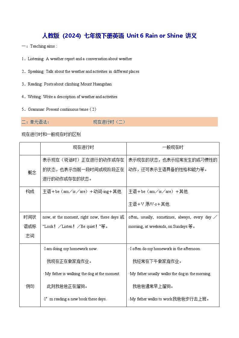 人教版（2024）七年级下册英语 Unit 6 Rain or Shine 讲义第1页