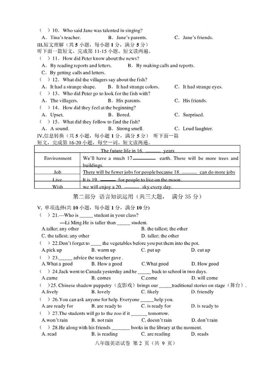 2025—2026学年安徽省六安市舒城县度第一学期期末质量监测八年级英语试卷（含答案）第2页