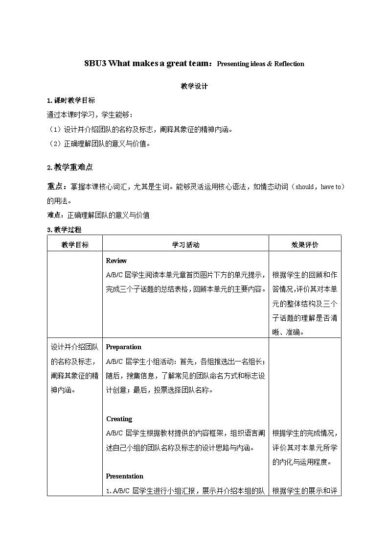 Unit 3 ：Presenting ideas & Reflection教学设计表格式--2025-2026学年八年级下册（新标准）修订版《英语》（外研社版）第1页