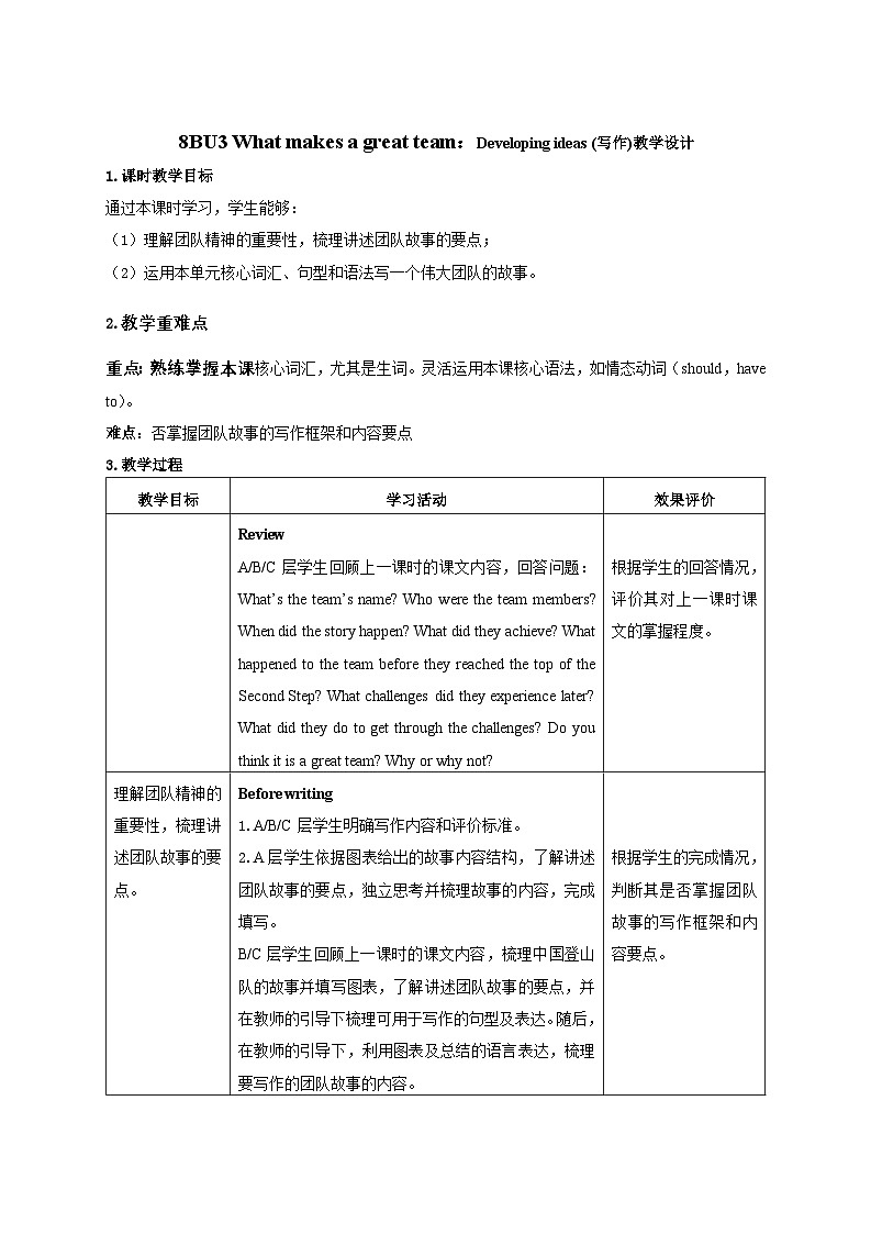 Unit 3 ：Developing ideas (写作)教学设计表格式--2025-2026学年八年级下册（新标准）修订版《英语》（外研社版）第1页