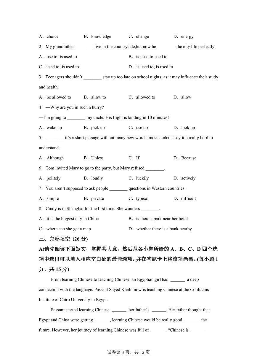 江西吉安市井冈山市2025年下半年期末质量监测九年级英语试卷含答案第3页