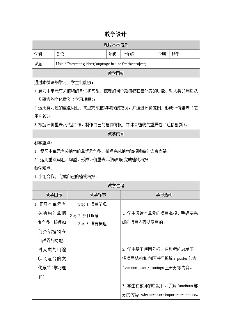 Unit6_Presenting ideas教学设计表格式-2025-2026学年《英语》七年级·上册（2024外研版）第1页