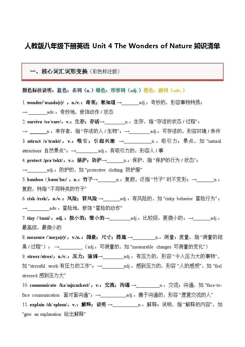 人教版八年级下册英语 Unit 4 The Wonders of Nature知识清单默写版第1页