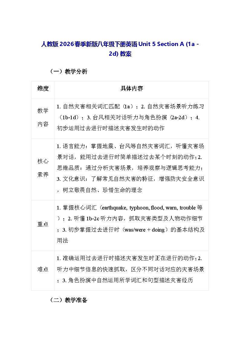 人教版2026春季新版八年级下册英语Unit 5 Section A (1a - 2d) 教案第1页