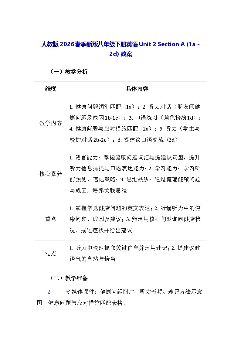 人教版2026春季新版八年级下册英语Unit 2 Section A (1a - 2d) 教案第1页