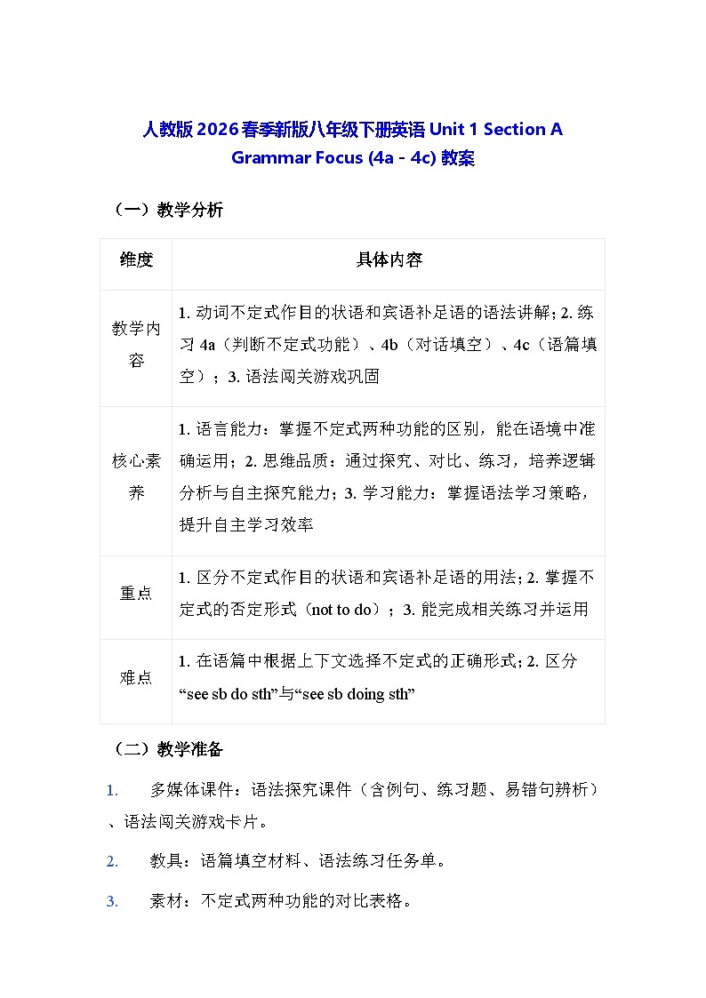 人教版2026春季新版八年级下册英语Unit 1 Section A Grammar Focus (4a - 4c) 教案第1页