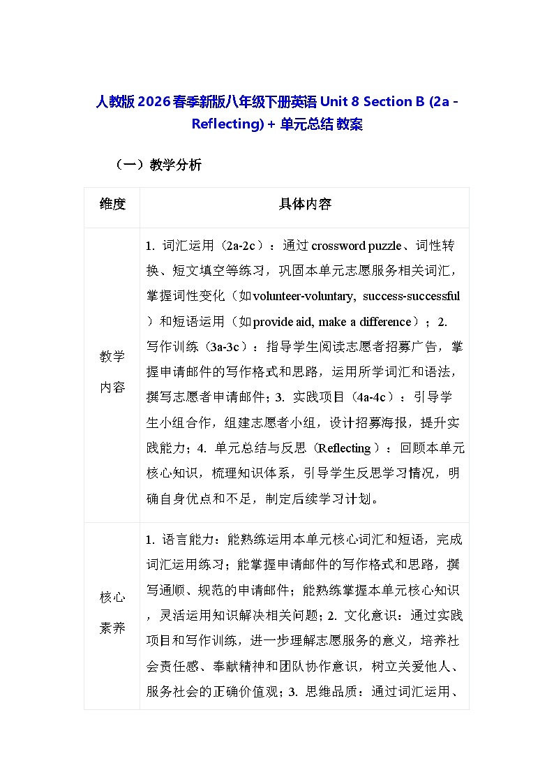 人教版2026春季新版八年级下册英语Unit 8 Section B (2a - Reflecting) 教案第1页