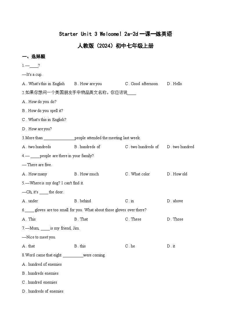 Starter Unit 3 Welcome! 2a-2d一课一练英语人教版（2024）初中七年级上册(无答案)第1页