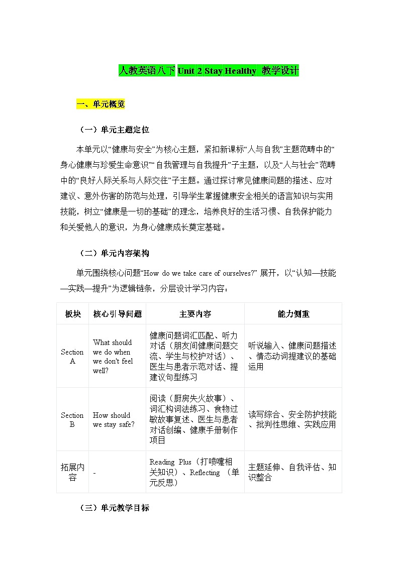 Unit 2 Stay Healthy 教学设计（5个课时）初中英语人教版（2024）八年级下册第1页