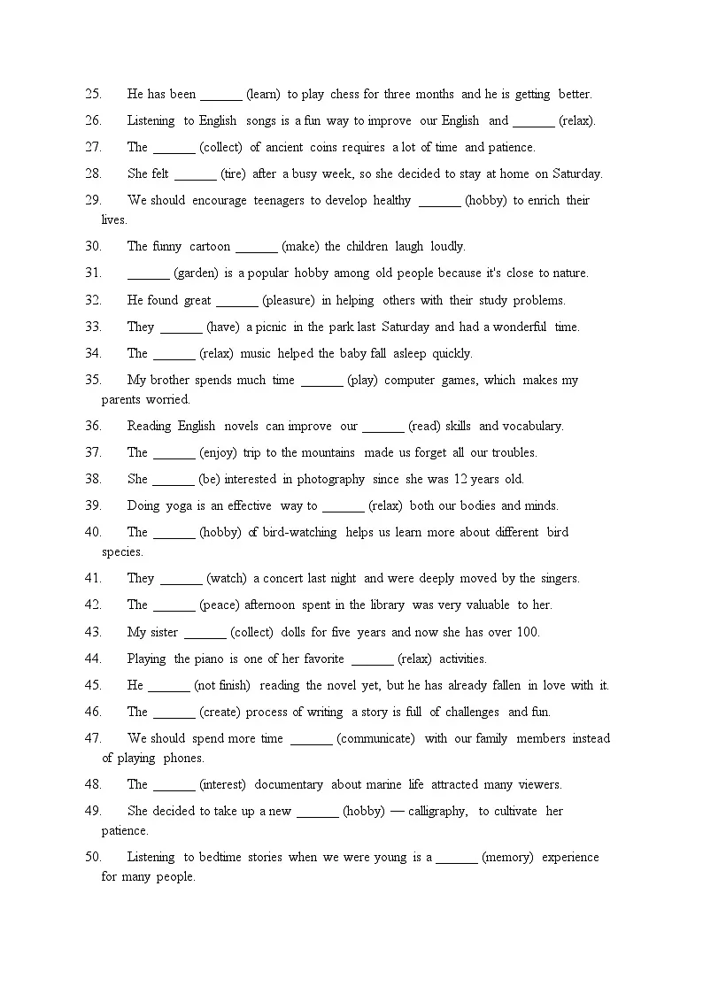 Unit1 Time to relax用括号里单词的正确形式填空专练 初中英语人教版（2024）八年级下册第2页
