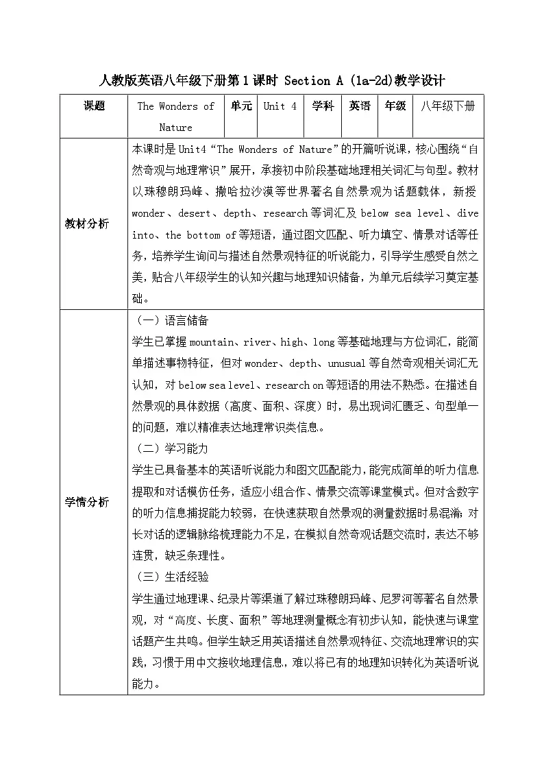 【任务型备课】人教版英语八下-Unit4 第1课时 Section A (1a-2d)（教案）第1页