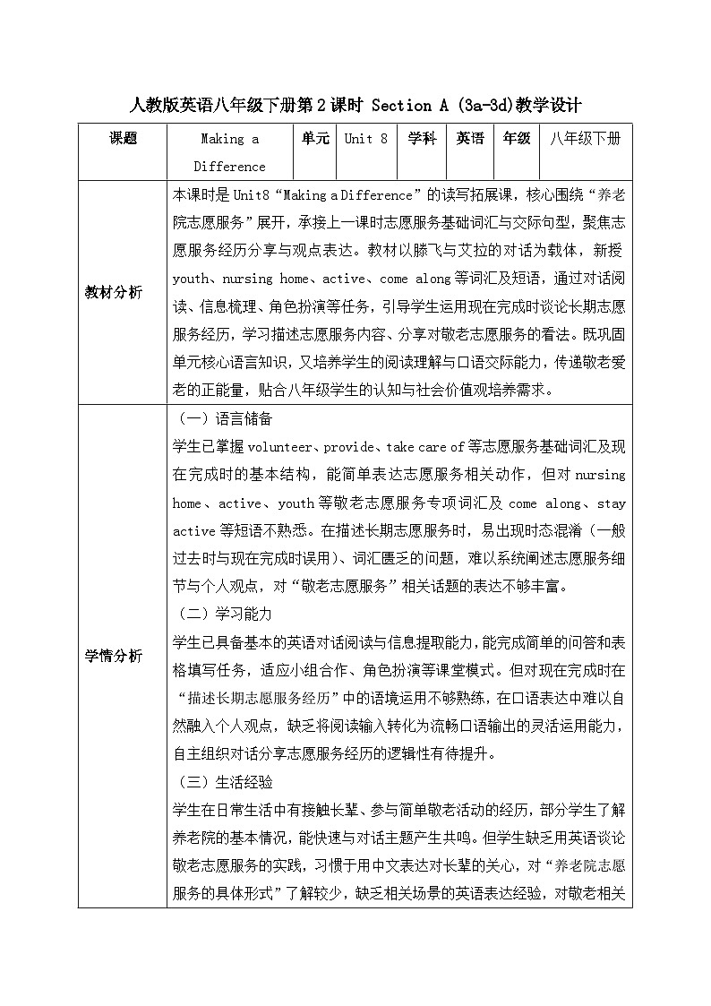 【任务型备课】人教版英语八下-Unit8 第2课时 Section A  (3a-3d)（教案）第1页