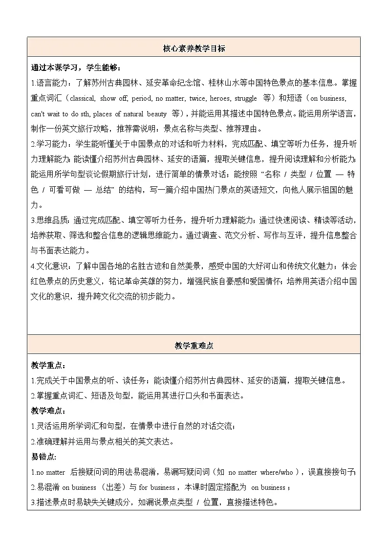 译林版（2024）八年级下册英语Unit 2 Amazing China Integration 表格式教案第2页