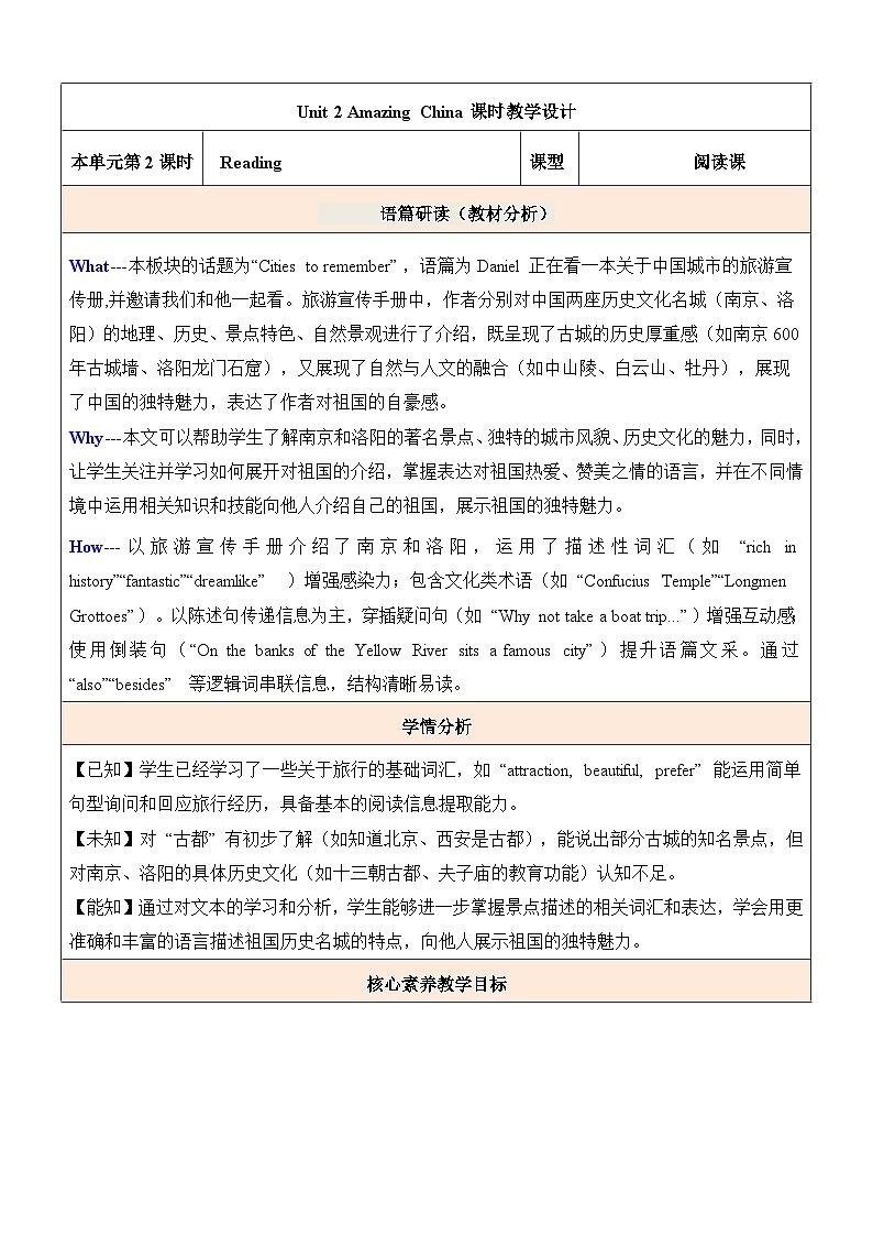 译林版（2024）八年级下册英语Unit 2 Amazing China  Reading 表格式教案第1页