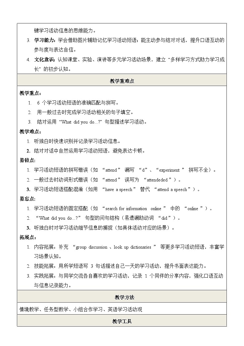 仁爱科普版（2024）八年级下册英语Unit7 Be a Better Learner!  Listening & Speaking 表格式教案第2页