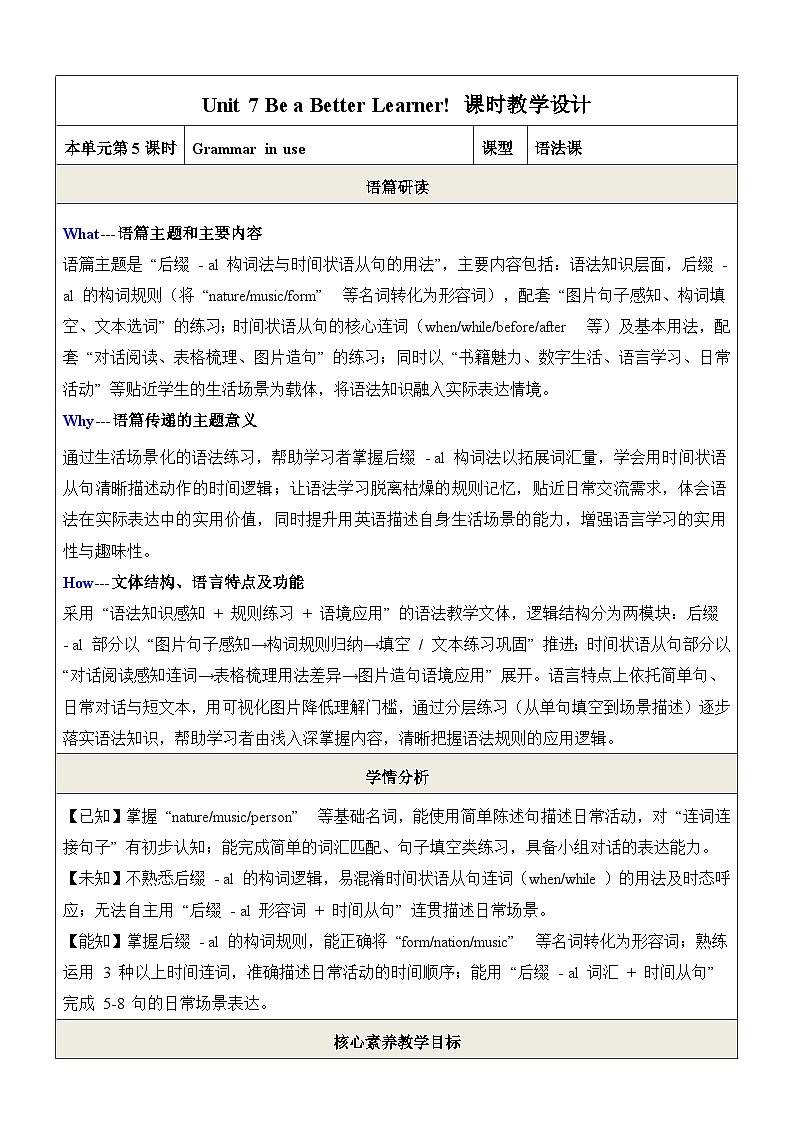 仁爱科普版（2024）八年级下册英语Unit7 Be a Better Learner!  Grammar in use表格式教案第1页